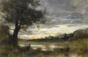 Landscape At Sunset by Jean-Baptiste-Camille Corot Oil Painting