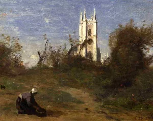 Landscape with a White Tower, Souvenir of Crecy by Jean-Baptiste-Camille Corot - Oil Painting Reproduction