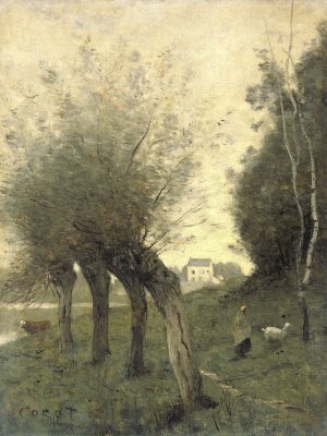 Landscape with Pollard Willows by Jean-Baptiste-Camille Corot Oil Painting