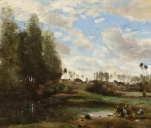 Laveuses au bord de l'eau by Jean-Baptiste-Camille Corot Oil Painting