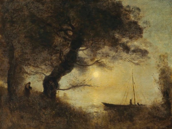 Le Bateau Au Claire De Lune  by Jean-Baptiste-Camille Corot - Hand-Painted Oil Painting Reproduction