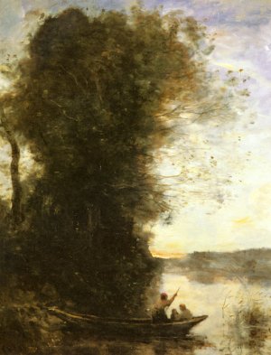 Le Batelier Quittant La Rive Avec Une Femme Et Un Enfant Assis Dans Sa Barque, Soleil Couchant by Jean-Baptiste-Camille Corot Oil Painting