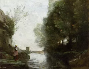 Le cours d'eau a la tour carree Oil painting by Jean-Baptiste-Camille Corot