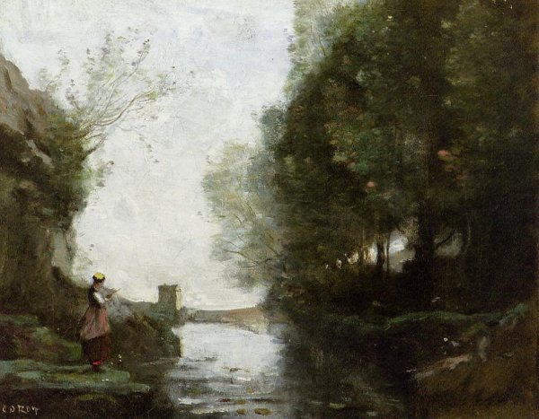 Le cours d'eau a la tour carree by Jean-Baptiste-Camille Corot - Hand-Painted Oil Painting Reproduction