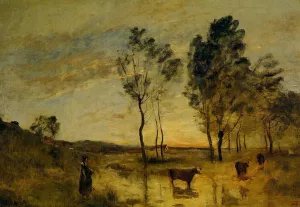 Le Gue also known as Cows on the Banks of the Gue by Jean-Baptiste-Camille Corot - Oil Painting Reproduction