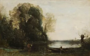Le pecheur en barque a la rive by Jean-Baptiste-Camille Corot Oil Painting