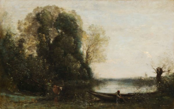 Le pecheur en barque a la rive  by Jean-Baptiste-Camille Corot - Hand-Painted Oil Painting Reproduction