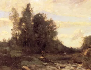 Le Torrent Pierreaux Crepuscule Oil painting by Jean-Baptiste-Camille Corot