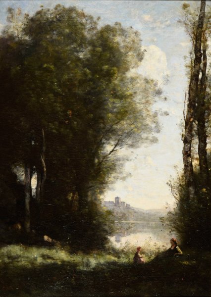 Les Deux soeurs sous les arbres au bord du lac  by Jean-Baptiste-Camille Corot - Hand-Painted Oil Painting Reproduction