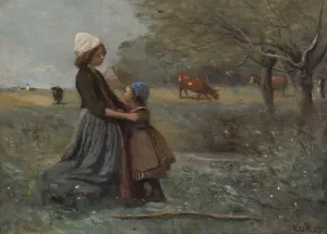 Les Deux Sours Dans La Prairie by Jean-Baptiste-Camille Corot Oil Painting