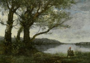Les Trois Arbres en vue de Lac by Jean-Baptiste-Camille Corot Oil Painting