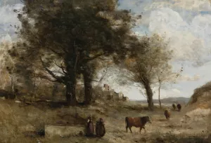 Les Vacheres a La Fontaine by Jean-Baptiste-Camille Corot Oil Painting