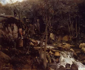Lormes - A Waterfall with a Standing Peasant, Spinning Wool by Jean-Baptiste-Camille Corot Oil Painting