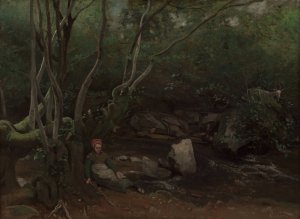 Lormes Goat-Girl, Sitting Beside a Stream in a Forest by Jean-Baptiste-Camille Corot Oil Painting