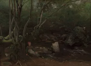 Lormes Goat-Girl, Sitting Beside a Stream in a Forest by Jean-Baptiste-Camille Corot Oil Painting