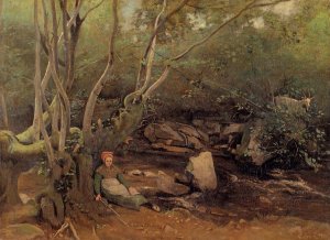 Lormes - Shepherdess Sitting Under Trees Beside a Stream