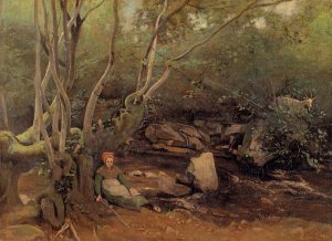 Lormes - Shepherdess Sitting Under Trees Beside a Stream by Jean-Baptiste-Camille Corot Oil Painting