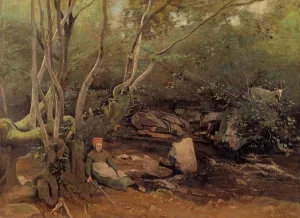 Lormes - Shepherdess Sitting Under Trees Beside a Stream by Jean-Baptiste-Camille Corot Oil Painting