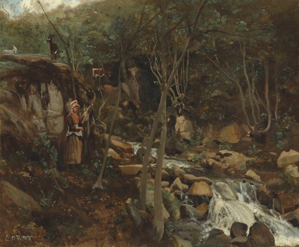 Lormes - Un Torrent Avec Une Chevriere Debout, Filant  by Jean-Baptiste-Camille Corot - Hand-Painted Oil Painting Reproduction