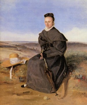 Louise Harduin in Mourning also known as Young Girl Sitting in the Country by Jean-Baptiste-Camille Corot Oil Painting
