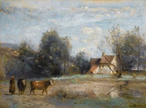 Luzancy, Petites Maisons De Paysans Au Bord De L'eau by Jean-Baptiste-Camille Corot Oil Painting