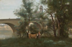 Mantes, Les Bords De La Seine Au Pied Du Pont by Jean-Baptiste-Camille Corot Oil Painting