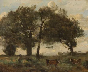 Marecages Boisee Avec Trois Vaches by Jean-Baptiste-Camille Corot Oil Painting