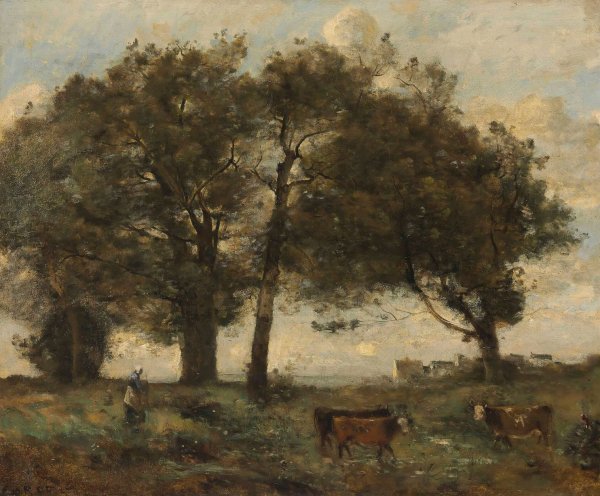 Marecages Boisee Avec Trois Vaches  by Jean-Baptiste-Camille Corot - Hand-Painted Oil Painting Reproduction