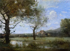 Meadow with Two Large Trees by Jean-Baptiste-Camille Corot Oil Painting