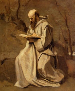 Monk in White, Seated, Reading Oil painting by Jean-Baptiste-Camille Corot