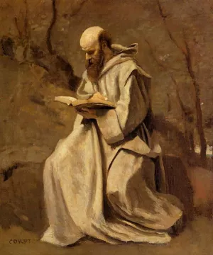 Monk in White, Seated, Reading by Jean-Baptiste-Camille Corot Oil Painting