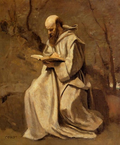 Monk in White, Seated, Reading by Jean-Baptiste-Camille Corot - Hand-Painted Oil Painting Reproduction