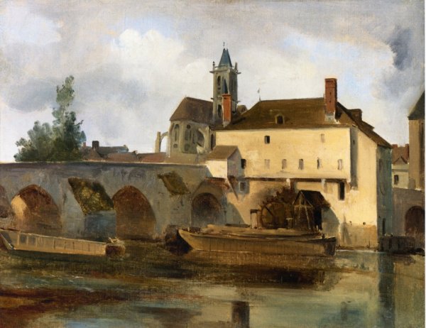 Moret sur Loing, the Bridge and the Church by Jean-Baptiste-Camille Corot - Hand-Painted Oil Painting Reproduction