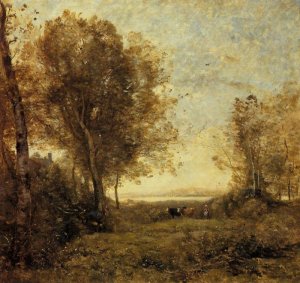 Morning - Woman Hearding Cows by Jean-Baptiste-Camille Corot Oil Painting