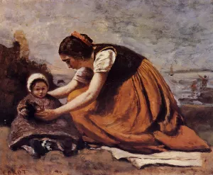 Mother and Child on the Beach by Jean-Baptiste-Camille Corot - Oil Painting Reproduction