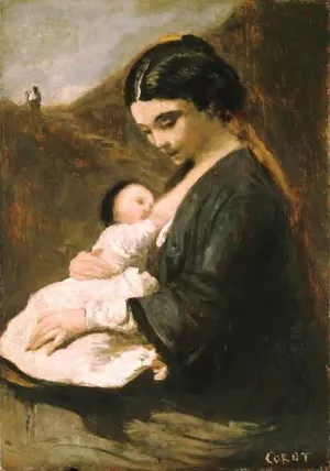 Mother and Child by Jean-Baptiste-Camille Corot Oil Painting
