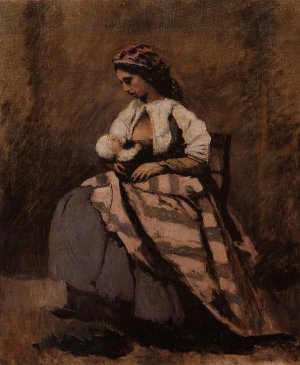Mother Breast Feeding Her Child by Jean-Baptiste-Camille Corot Oil Painting