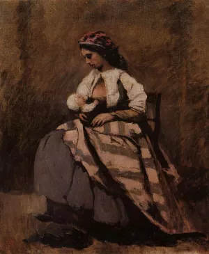 Mother Breast Feeding Her Child by Jean-Baptiste-Camille Corot Oil Painting
