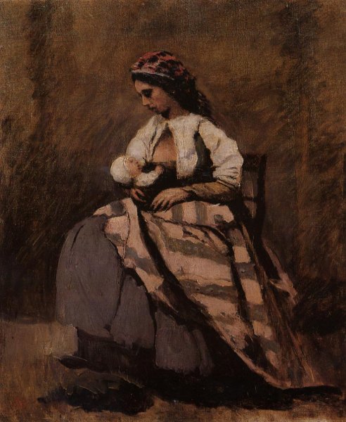 Main Product Photo of Mother Breast Feeding Her Child Painting by Jean-Baptiste-Camille Corot
