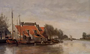 Near Rotterdam, Small Houses on the Banks of a Canal by Jean-Baptiste-Camille Corot - Oil Painting Reproduction