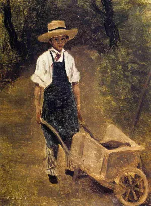 Octave Chamouillet Pushing a Wheelbarrow in a Garden