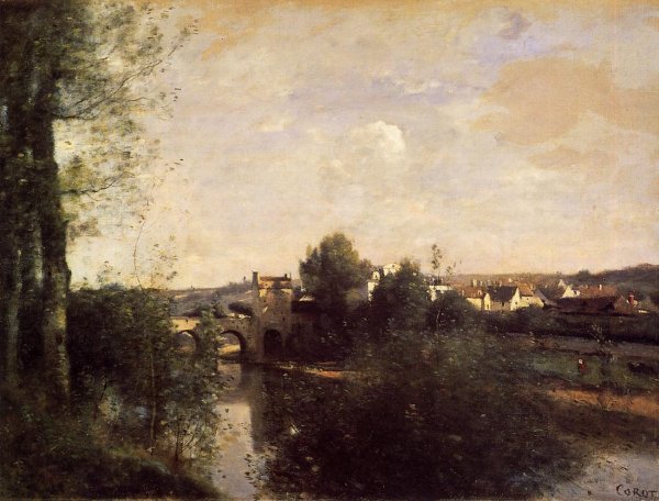 Old Bridge at Limay, on the Seine by Jean-Baptiste-Camille Corot - Hand-Painted Oil Painting Reproduction