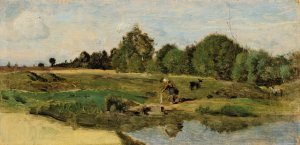 Pastures In The Sarthe by Jean-Baptiste-Camille Corot Oil Painting