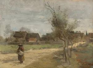 Paysanne Sur Une Route En Vue D'un Village by Jean-Baptiste-Camille Corot Oil Painting