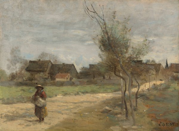Paysanne Sur Une Route En Vue D'un Village by Jean-Baptiste-Camille Corot - Hand-Painted Oil Painting Reproduction