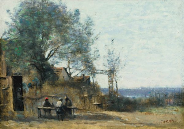 Paysans Attables a La Porte D'un Cabaret  by Jean-Baptiste-Camille Corot - Hand-Painted Oil Painting Reproduction