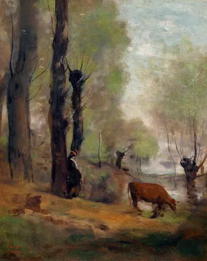 Peasant Woman Watering Her Cow by Jean-Baptiste-Camille Corot - Oil Painting Reproduction