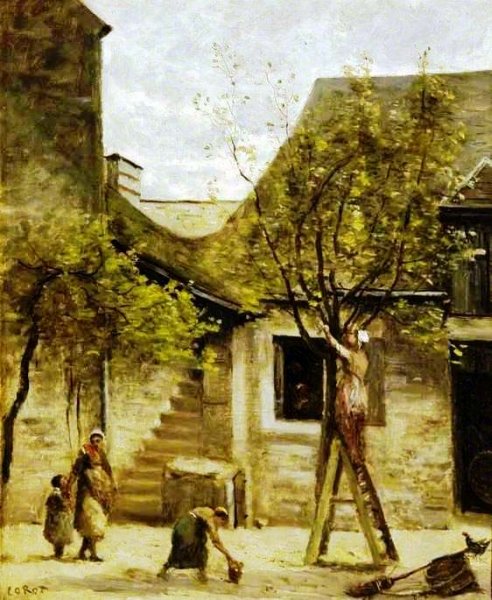 Main Product Photo of Peasants' Houses, Fontainbleau Painting by Jean-Baptiste-Camille Corot