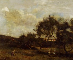 Peasants Near a Village by Jean-Baptiste-Camille Corot Oil Painting