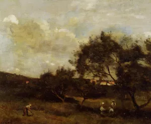 Peasants Near a Village by Jean-Baptiste-Camille Corot - Oil Painting Reproduction